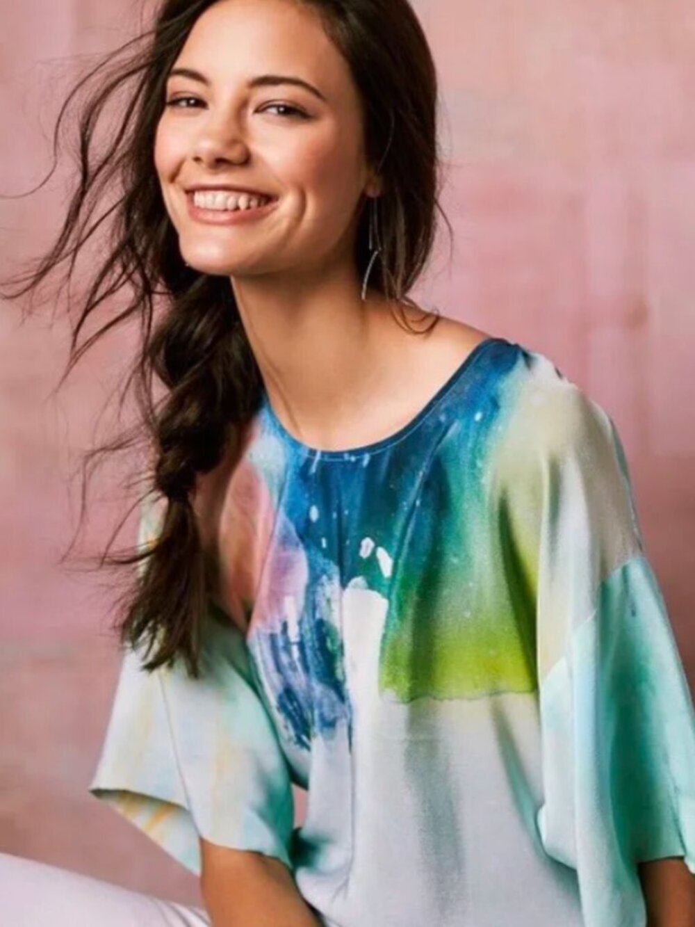 Anthropologie Claire Dejardins Abstract Colorful Aquarelle Silk Blouse Top 6/M